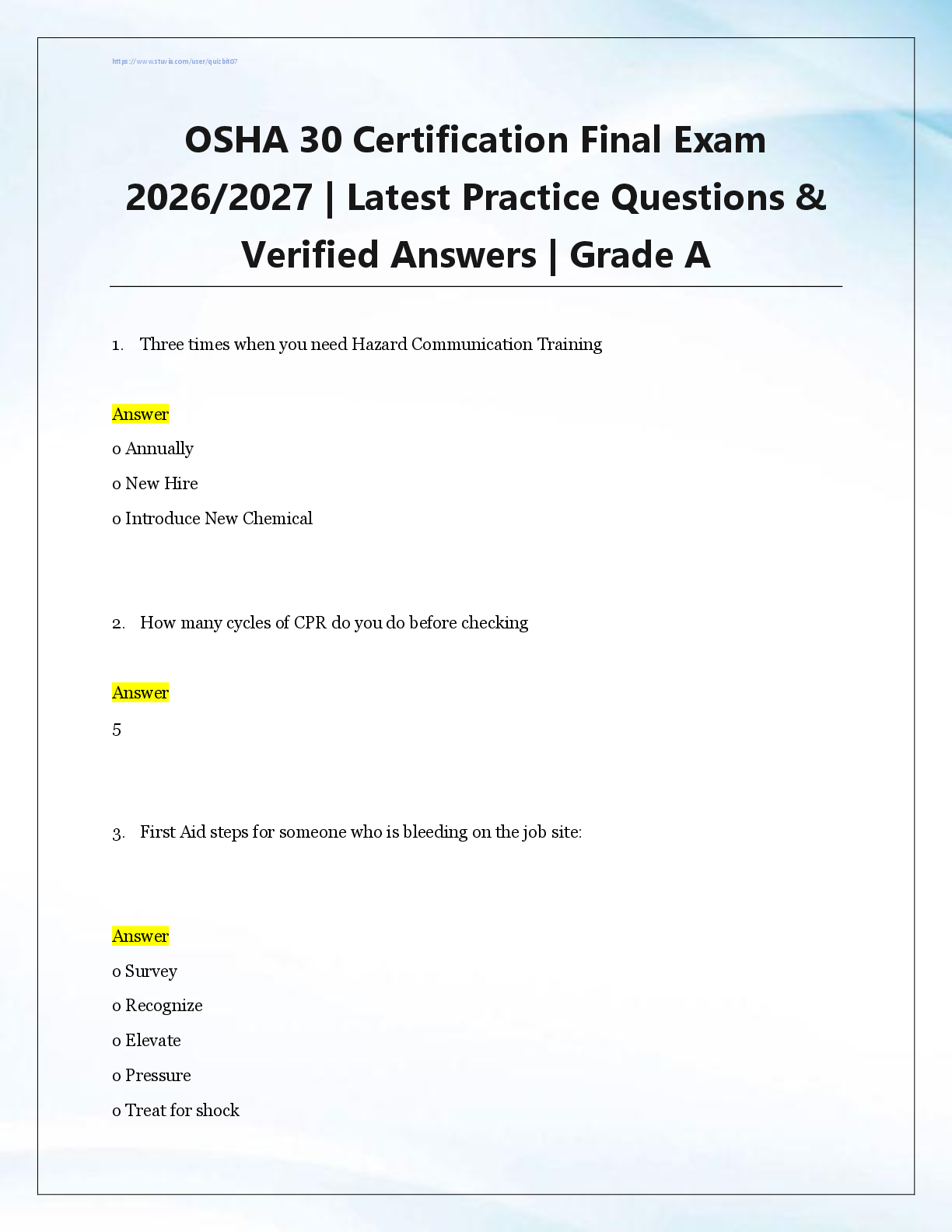 Recommended document preview for OSHA 30 Certification Final Exam  2026/2027 | Latest Practice Questions &  Verified Answers | Grade A