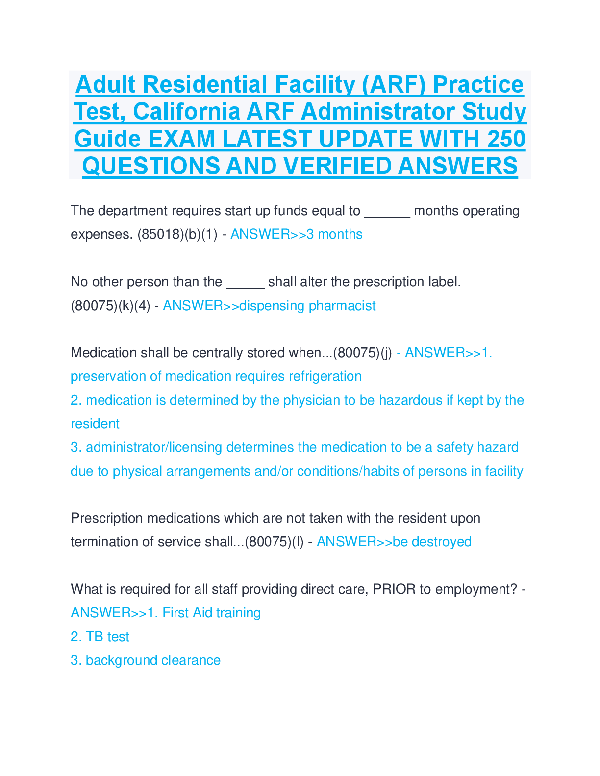 Recommended document preview for Adult Residential Facility (ARF) Practice  Test, California ARF Administrator Study  Guide EXAM LATEST UPDATE WITH 250  QUESTIONS AND VERIFIED ANSWERS