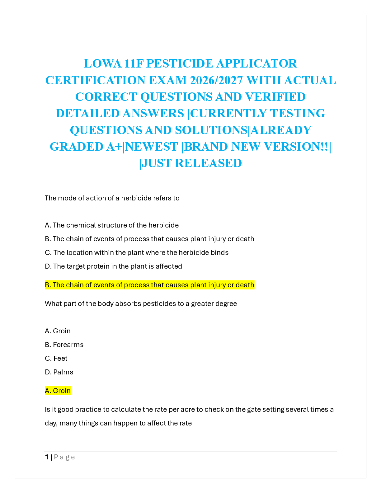 Recommended document preview for LOWA 11F PESTICIDE APPLICATOR  CERTIFICATION EXAM