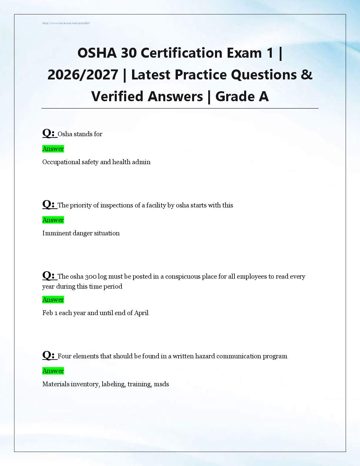 Recommended document preview for OSHA 30 Certification Exam 1 |  2026/2027 | Latest Practice Questions &  Verified Answers | Grade A