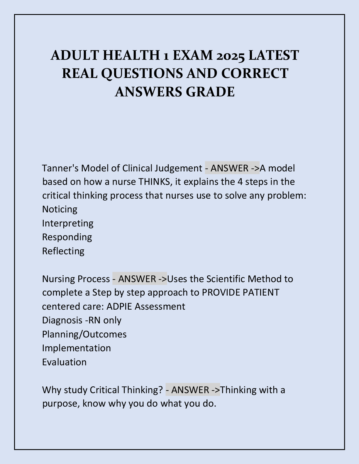 Recommended document preview for ADULT HEALTH 1 EXAM 2025 LATEST  REAL QUESTIONS AND CORRECT  ANSWERS GRADE