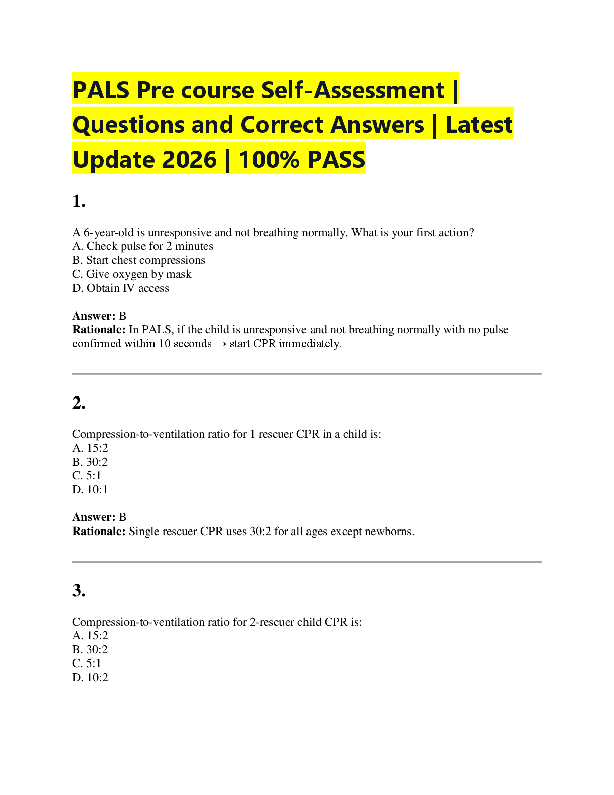 Recommended document preview for PALS Pre course Self-Assessment |  Questions and Correct Answers | Latest  Update 2026 | 100% PASS