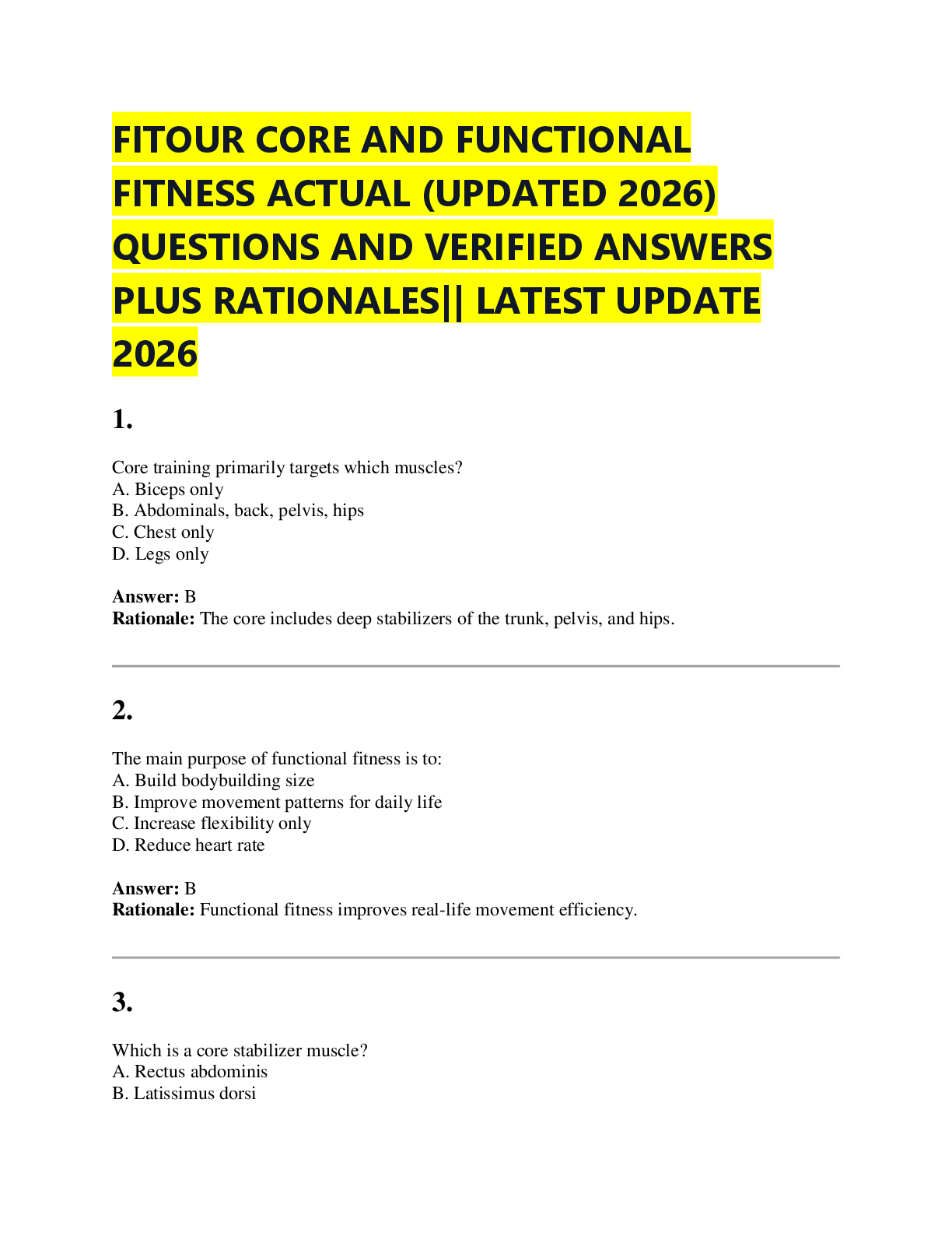 Recommended document preview for FITOUR CORE AND FUNCTIONAL  FITNESS ACTUAL (UPDATED 2026)  QUESTIONS AND VERIFIED ANSWERS  PLUS RATIONALES|| LATEST UPDATE  2026
