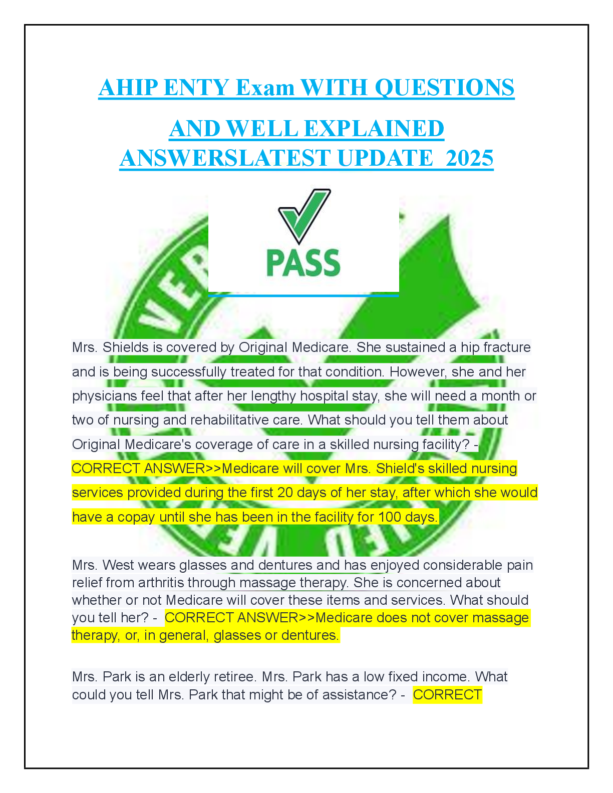Recommended document preview for AHIP ENTY Exam WITH QUESTIONS   AND WELL EXPLAINED  ANSWERSLATEST UPDATE  2025