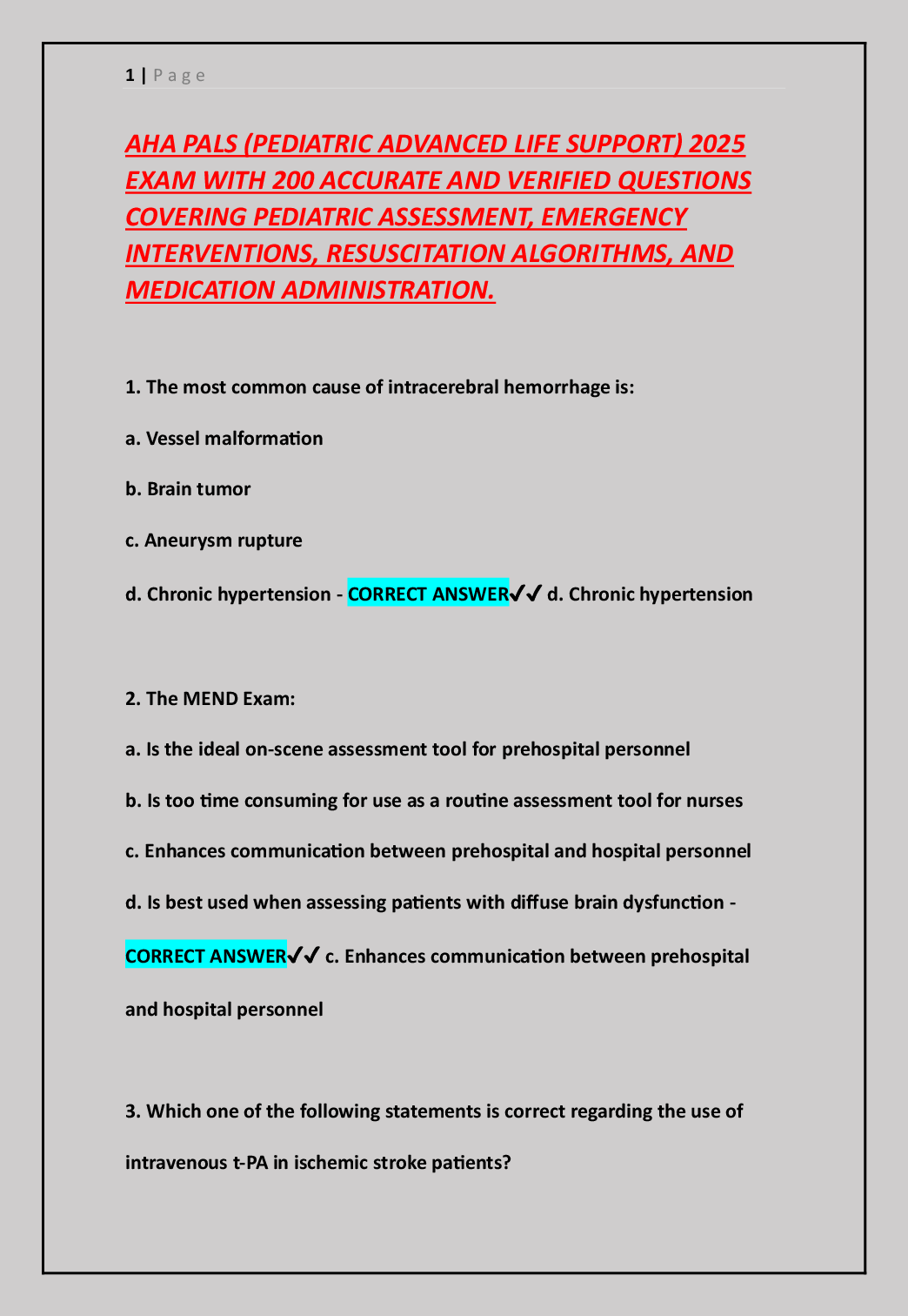 Recommended document preview for AHA PALS (PEDIATRIC ADVANCED LIFE SUPPORT) 2025  EXAM WITH 200 ACCURATE AND VERIFIED QUESTIONS  COVERING PEDIATRIC ASSESSMENT, EMERGENCY  INTERVENTIONS, RESUSCITATION ALGORITHMS, AND  MEDICATION ADMINISTRATION.