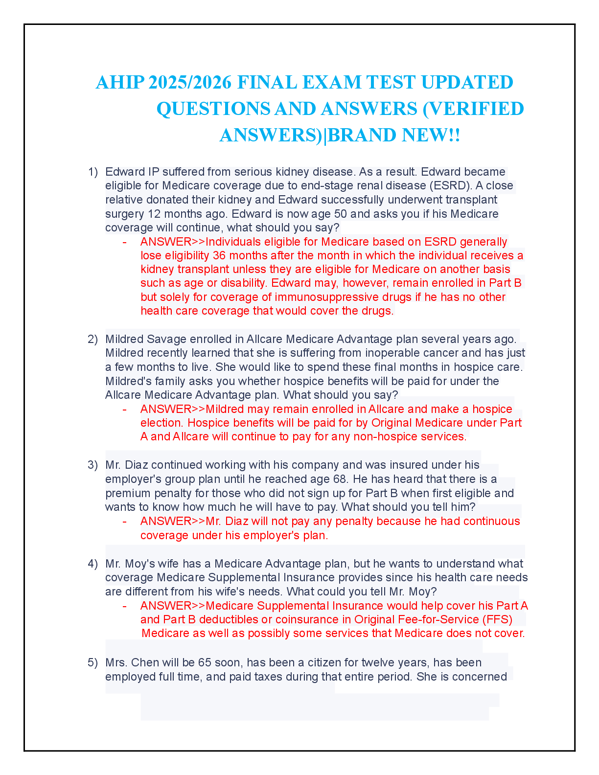 Recommended document preview for AHIP 2025/2026 FINAL EXAM TEST UPDATED  QUESTIONS AND ANSWERS (VERIFIED  ANSWERS)|BRAND NEW!!