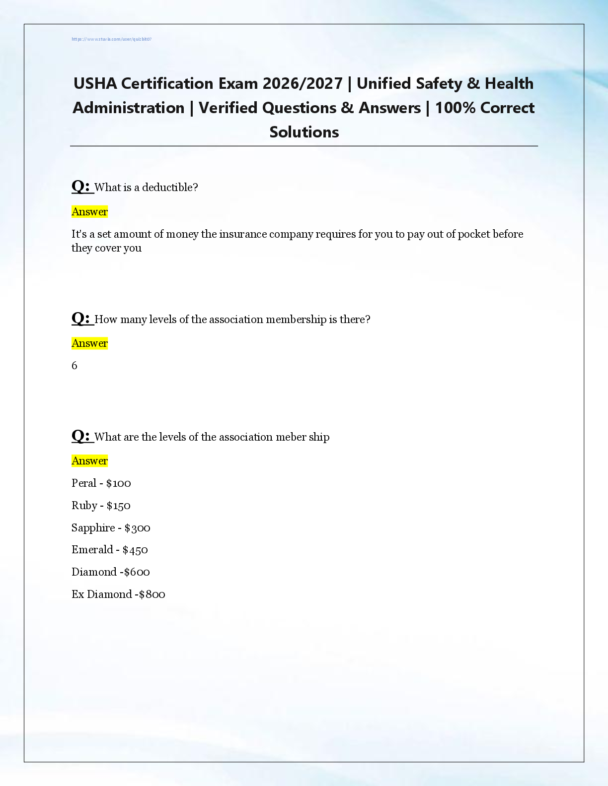 Recommended document preview for USHA Certification Exam 2026/2027 | Unified Safety & Health  Administration | Verified Questions & Answers | 100% Correct  Solutions