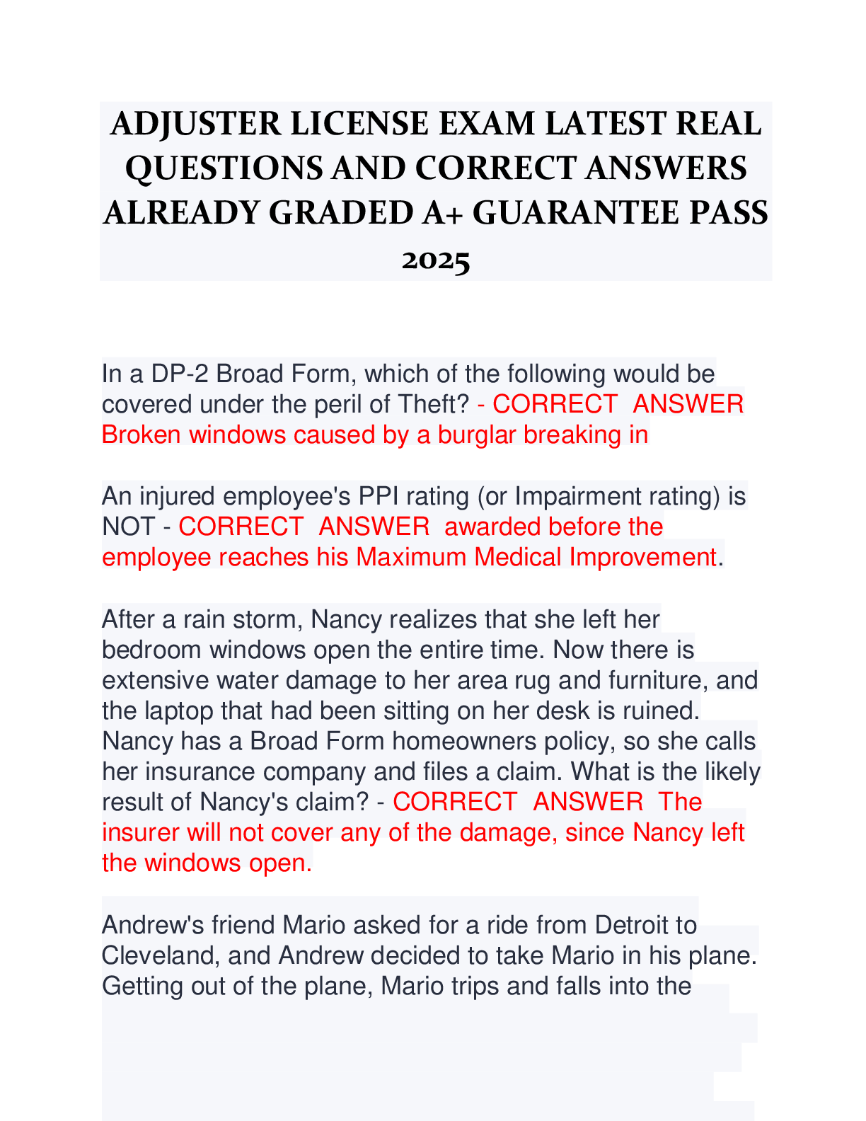 Recommended document preview for ADJUSTER LICENSE EXAM LATEST REAL  QUESTIONS AND CORRECT ANSWERS  ALREADY GRADED A+ GUARANTEE PASS  2025