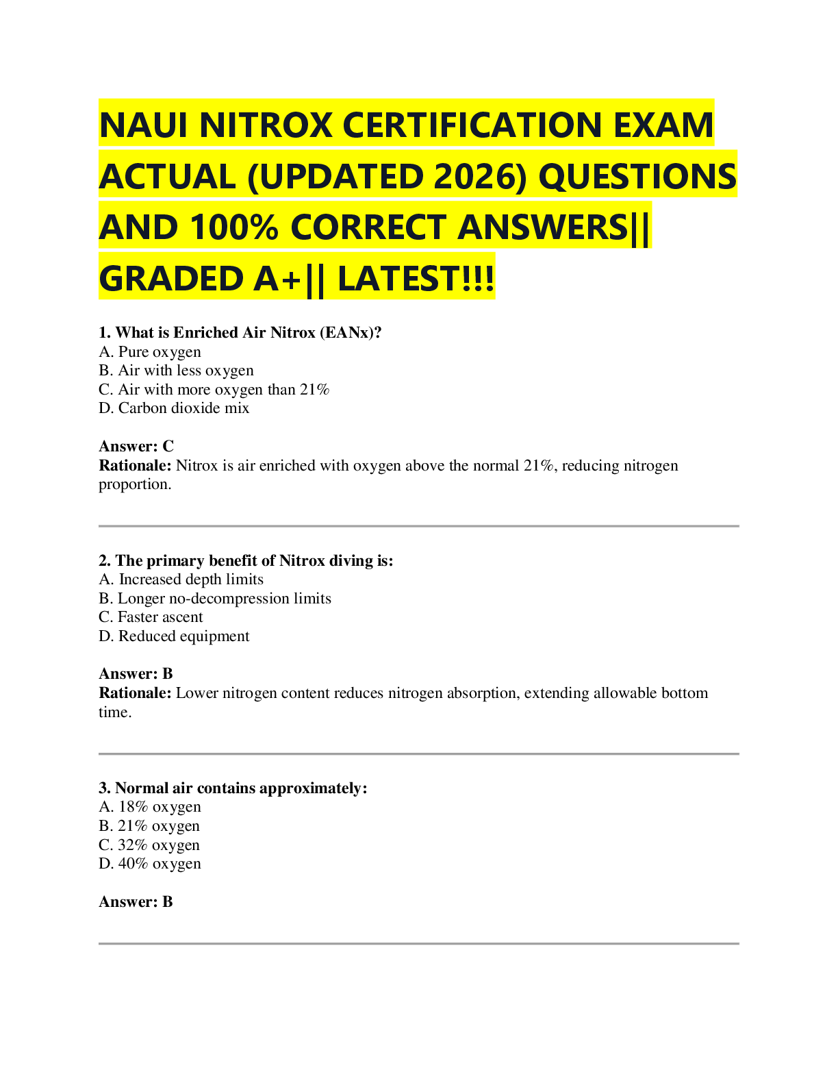 Recommended document preview for NAUI NITROX CERTIFICATION EXAM  ACTUAL (UPDATED 2026) QUESTIONS  AND 100% CORRECT ANSWERS||  GRADED A+|| LATEST!!!