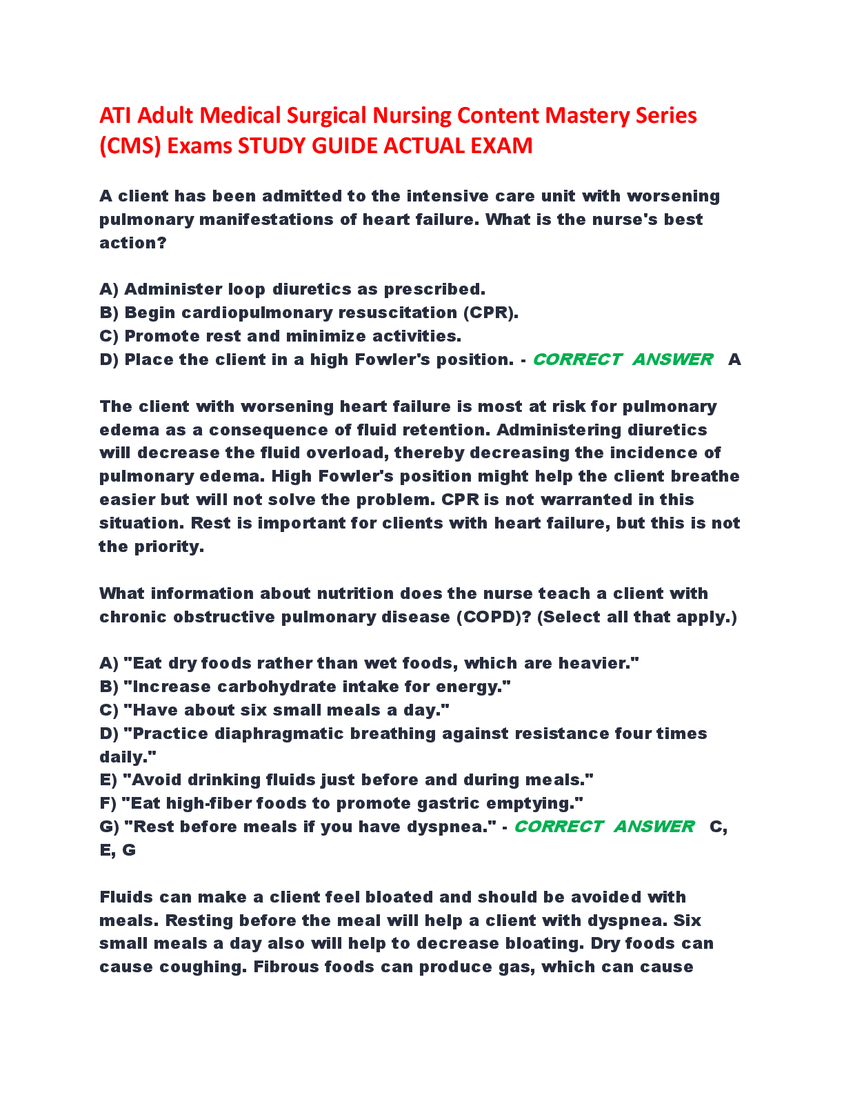 Recommended document preview for ATI Adult Medical Surgical Nursing Content Mastery Series  (CMS) Exams STUDY GUIDE ACTUAL EXAM