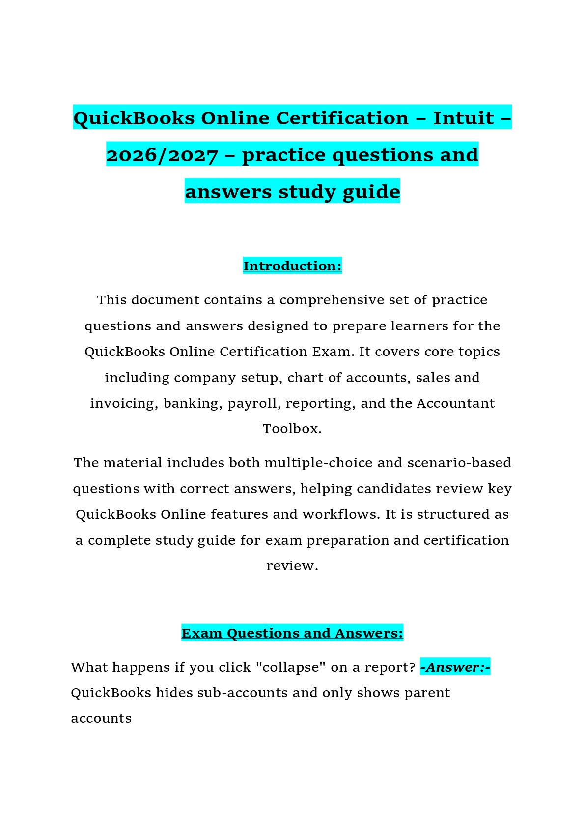 Recommended document preview for QuickBooks Online Certification – Intuit –  2026/2027 – practice questions and  answers study guide