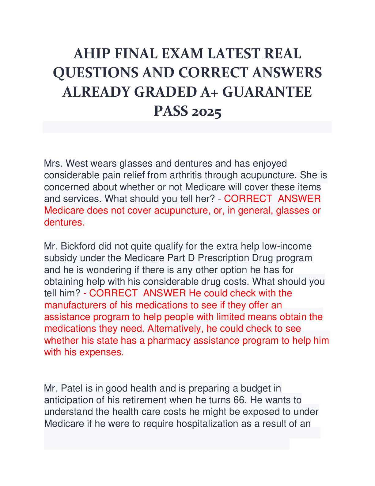 Recommended document preview for AHIP FINAL EXAM LATEST REAL  QUESTIONS AND CORRECT ANSWERS  ALREADY GRADED A+ GUARANTEE  PASS 2025