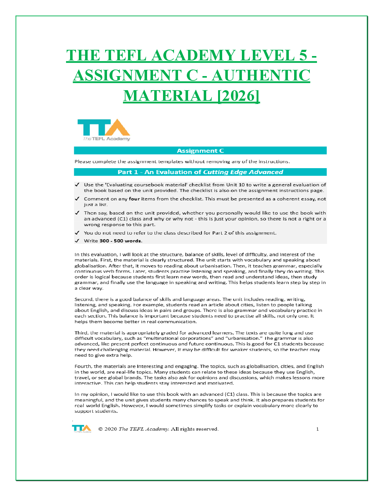 Recommended document preview for THE TEFL ACADEMY LEVEL 5 -  ASSIGNMENT C - AUTHENTIC  MATERIAL [2026]