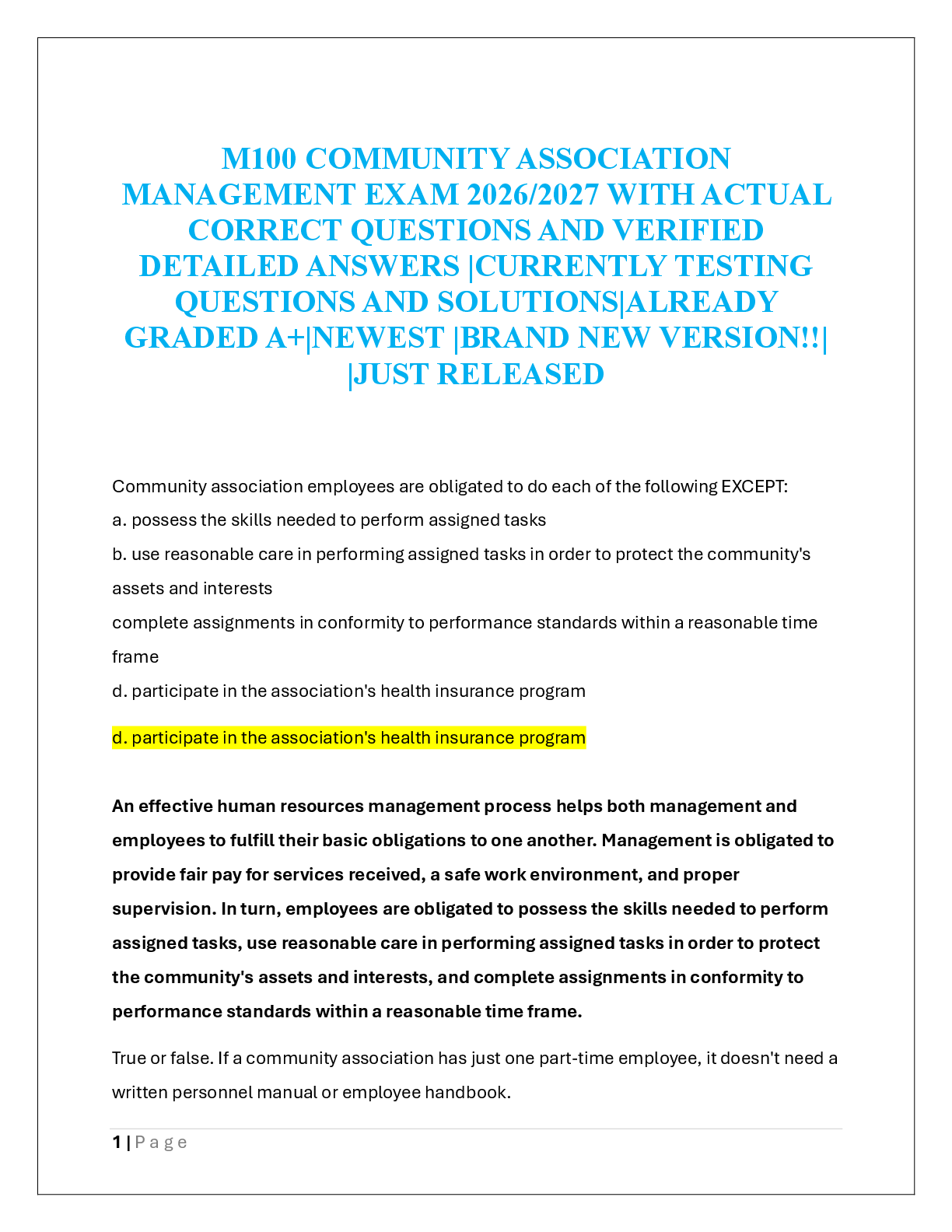Recommended document preview for M100 COMMUNITY ASSOCIATION  MANAGEMENT EXAM