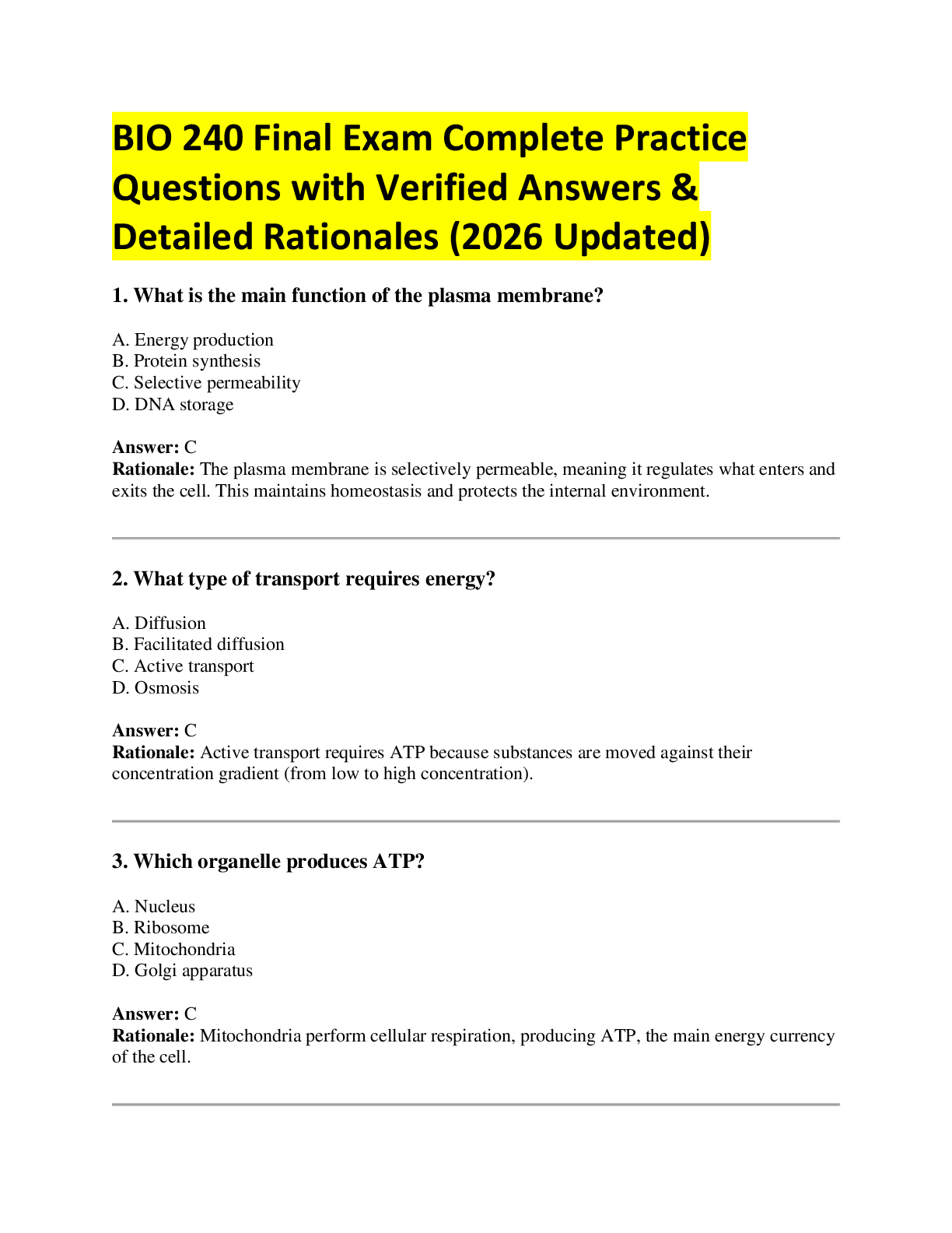Recommended document preview for BIO 240 Final Exam Complete Practice  Questions with Verified Answers &  Detailed Rationales (2026 Updated)