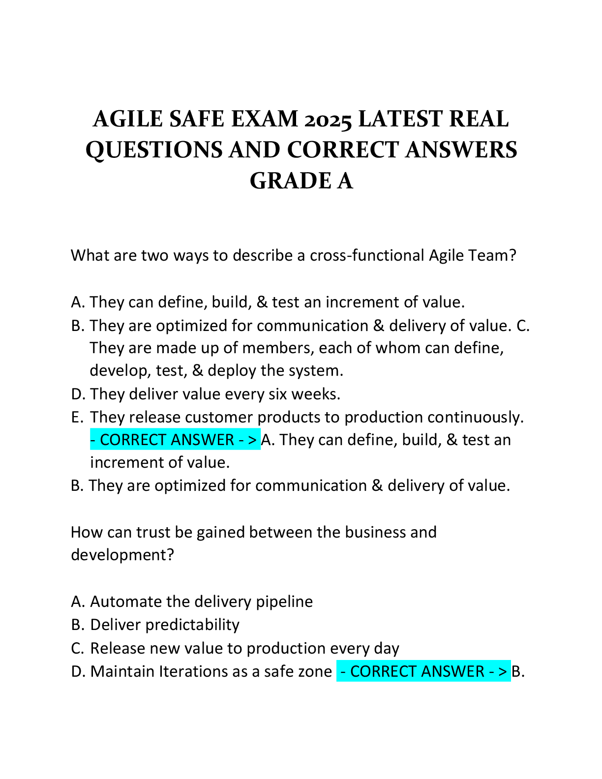 Recommended document preview for AGILE SAFE EXAM 2025 LATEST REAL  QUESTIONS AND CORRECT ANSWERS  GRADE A