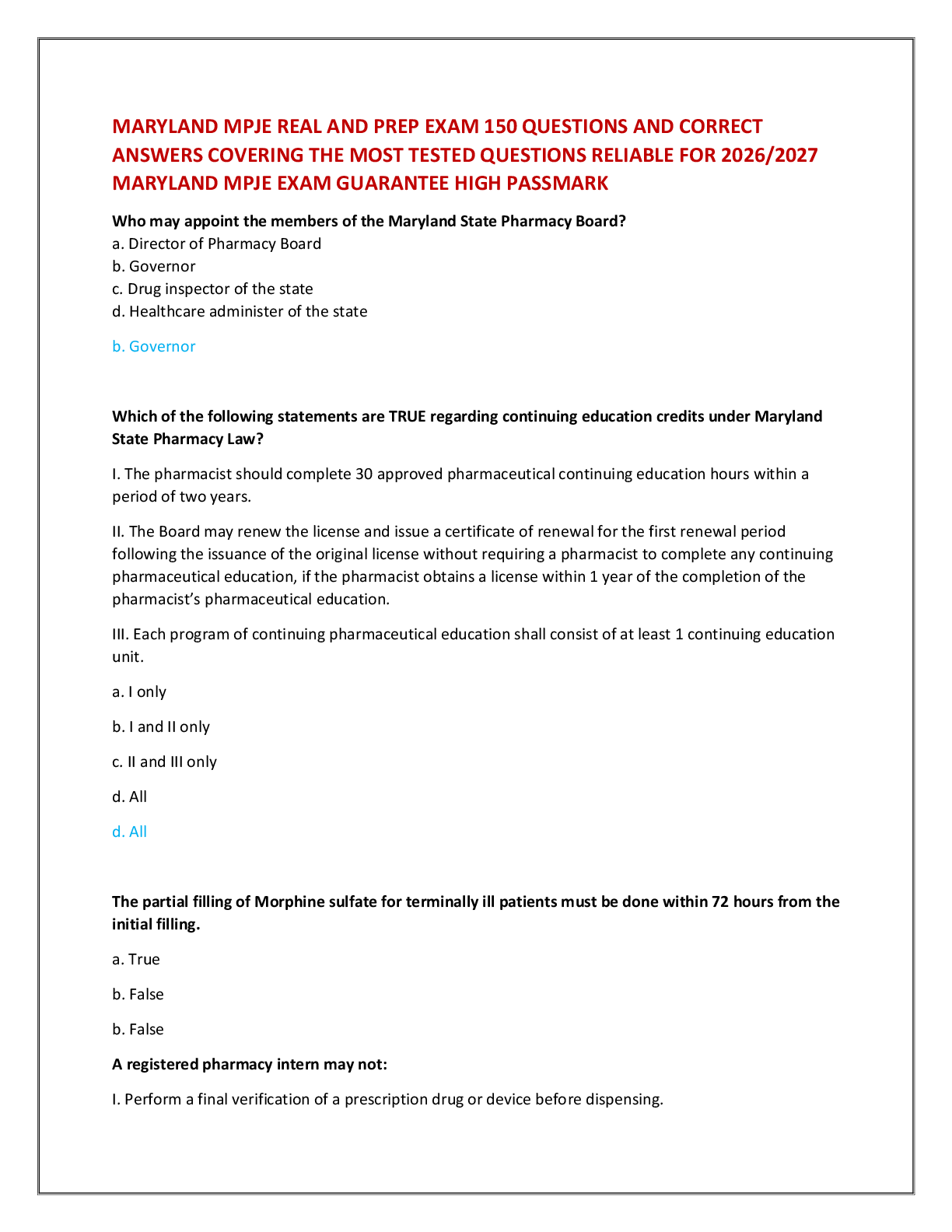 Preview of MARYLAND MPJE REAL AND PREP EXAM 150 QUESTIONS AND CORRECT  ANSWERS COVERING THE MOST TEST