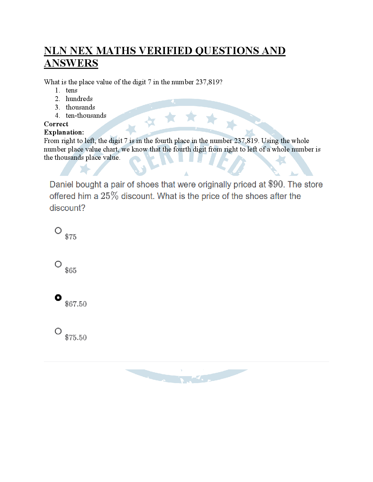 Recommended document preview for NLN NEX MATHS VERIFIED QUESTIONS AND ANSWERS