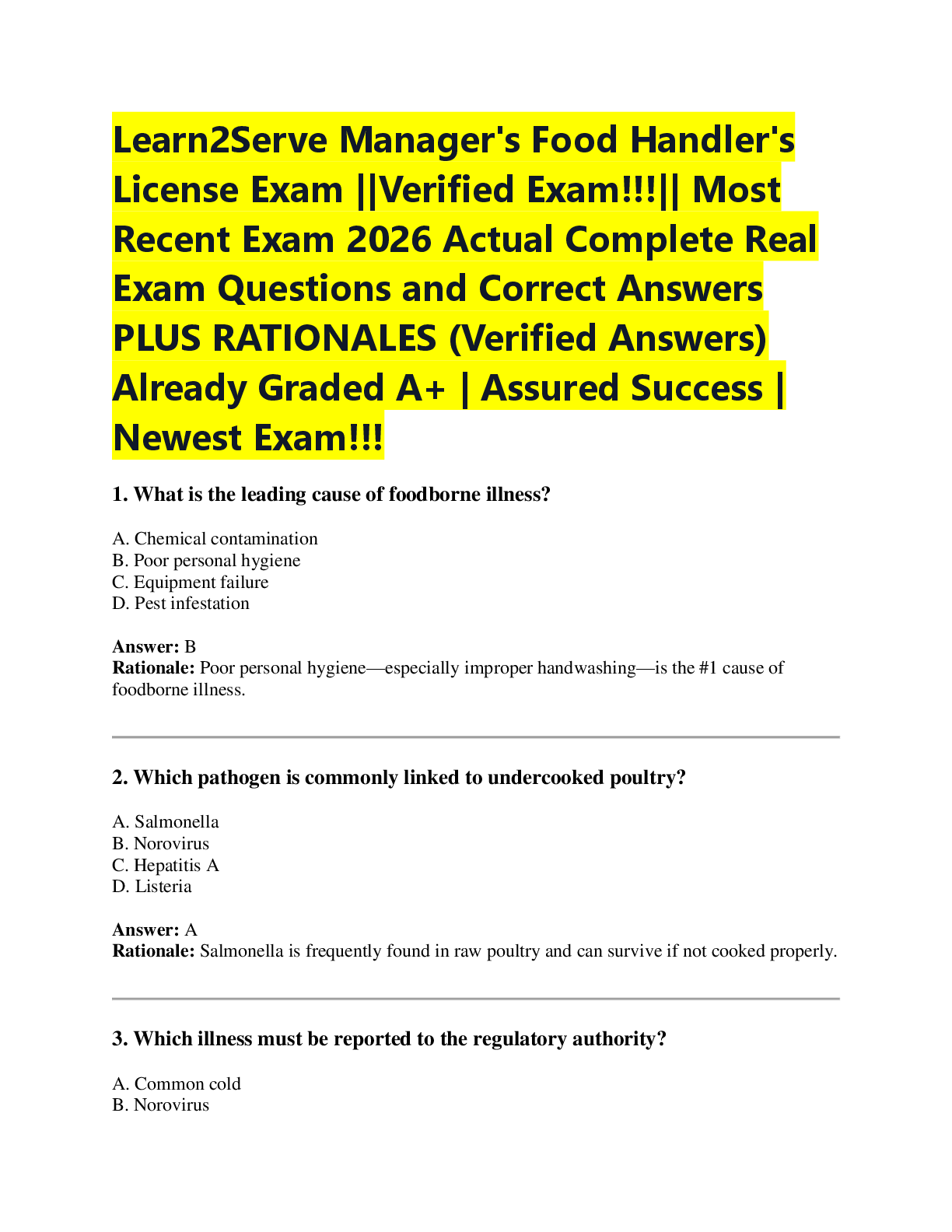 Recommended document preview for Learn2Serve Manager's Food Handler's  License Exam ||Verified Exam!!!|| Most  Recent Exam 2026 Actual Complete Real  Exam Questions and Correct Answers  PLUS RATIONALES (Verified Answers)  Already Graded A+ | Assured Success |  Newest Exam!!!