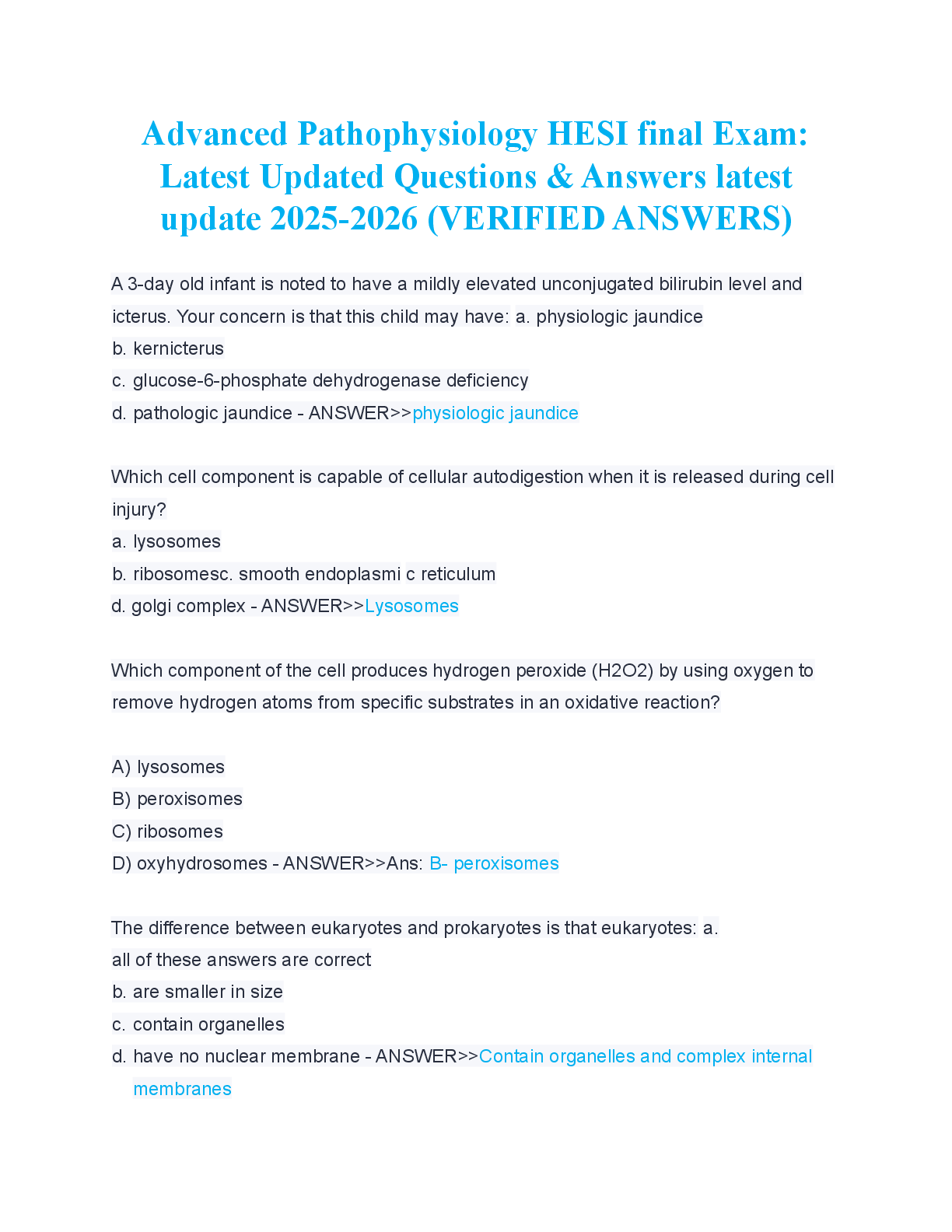 Recommended document preview for Advanced Pathophysiology HESI final Exam:  Latest Updated Questions & Answers latest  update 2025-2026 (VERIFIED ANSWERS)