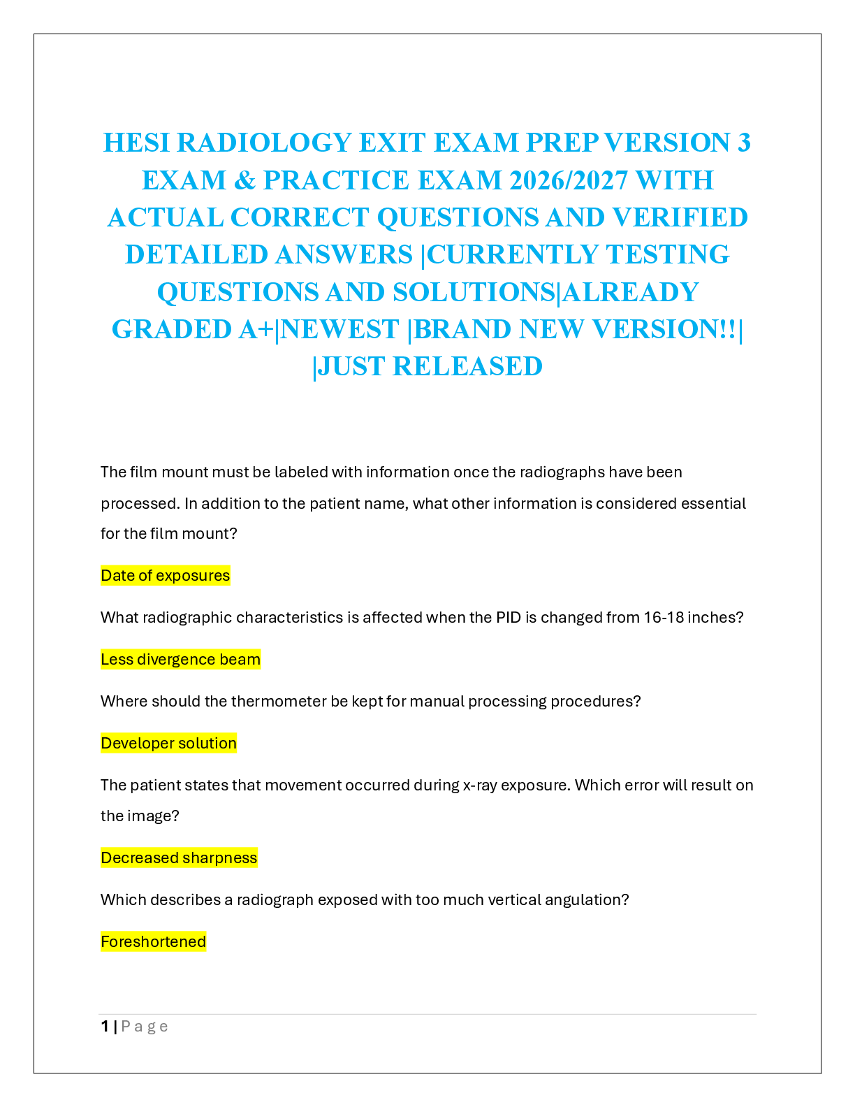 Recommended document preview for HESI RADIOLOGY EXIT EXAM PREP VERSION 3  EXAM & PRACTICE EXAM 2026/2027