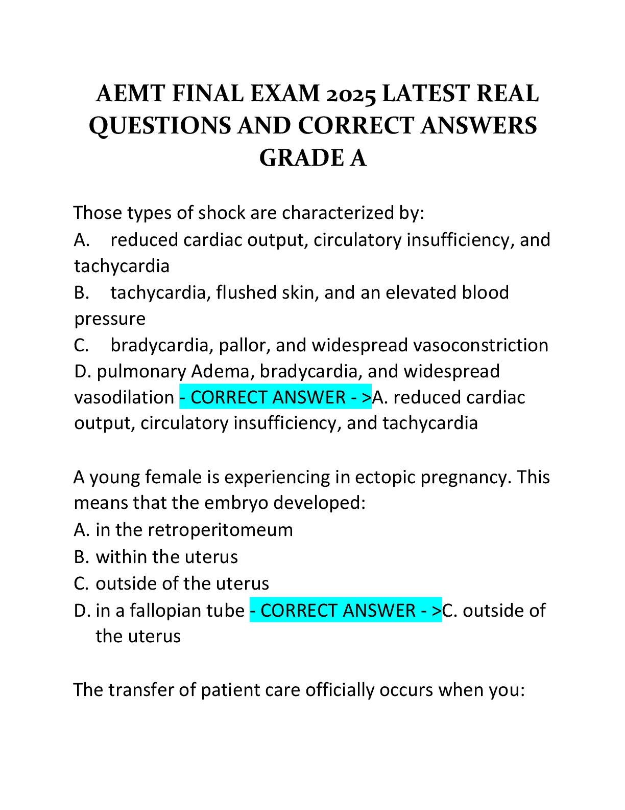 Recommended document preview for AEMT FINAL EXAM 2025 LATEST REAL  QUESTIONS AND CORRECT ANSWERS  GRADE A
