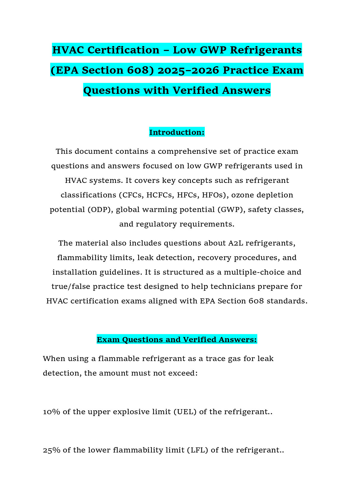 Recommended document preview for HVAC Certification – Low GWP Refrigerants  (EPA Section 608) 2025–2026 Practice Exam  Questions with Verified Answers