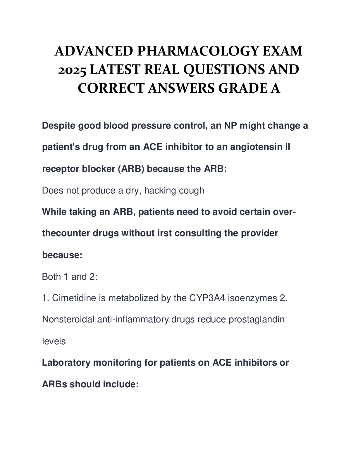 Recommended document preview for ADVANCED PHARMACOLOGY EXAM  2025 LATEST REAL QUESTIONS AND  CORRECT ANSWERS GRADE A