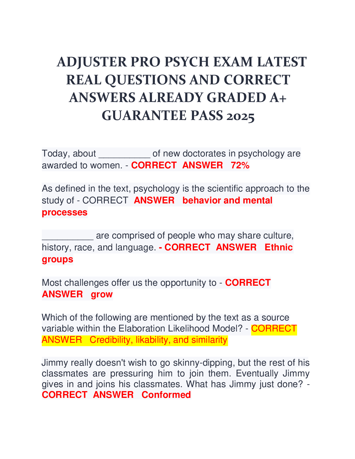 Recommended document preview for ADJUSTER PRO PSYCH EXAM LATEST  REAL QUESTIONS AND CORRECT  ANSWERS ALREADY GRADED A+  GUARANTEE PASS 2025
