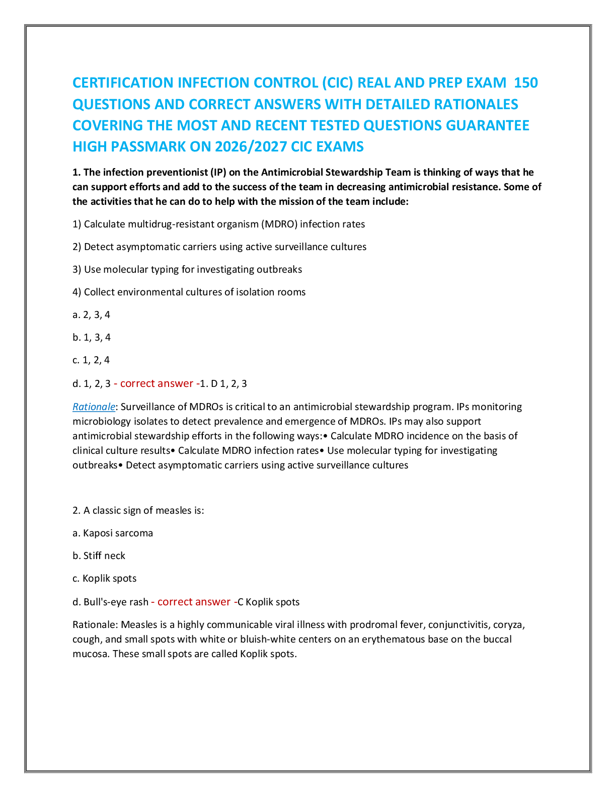 Recommended document preview for CERTIFICATION INFECTION CONTROL (CIC) REAL AND PREP EXAM  150  QUESTIONS AND CORRECT ANSWERS WITH DETAILED RATIONALES  COVERING THE MOST AND RECENT TESTED QUESTIONS GUARANTEE  HIGH PASSMARK ON 2026/2027 CIC EXAMS