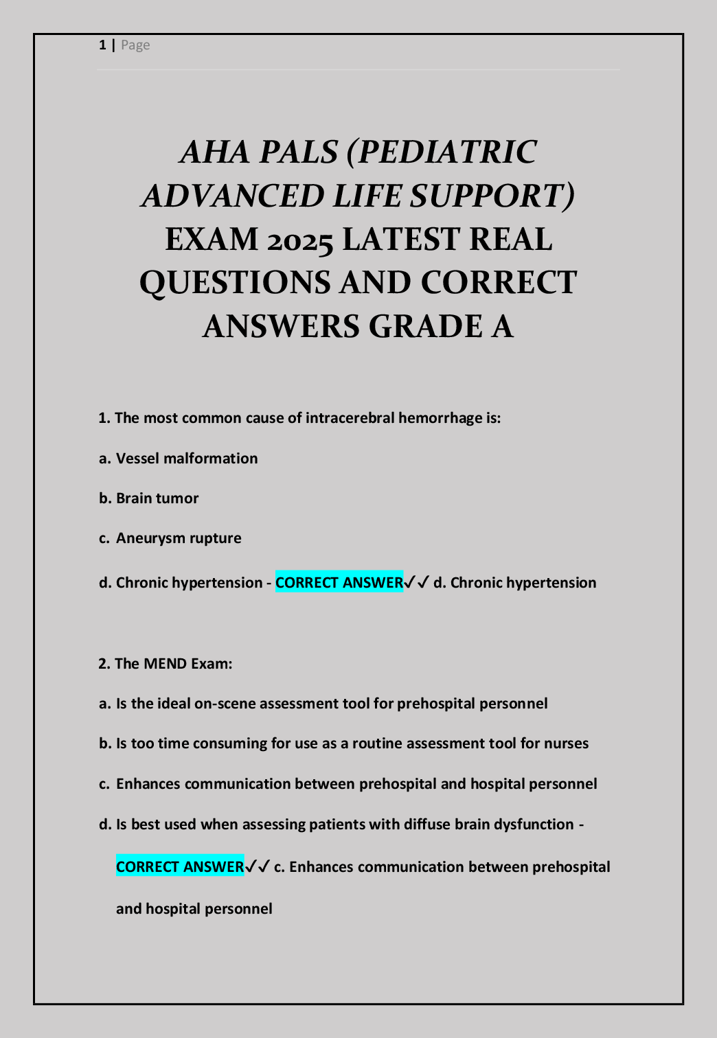 Recommended document preview for AHA PALS (PEDIATRIC  ADVANCED LIFE SUPPORT)  EXAM 2025 LATEST REAL  QUESTIONS AND CORRECT  ANSWERS GRADE A