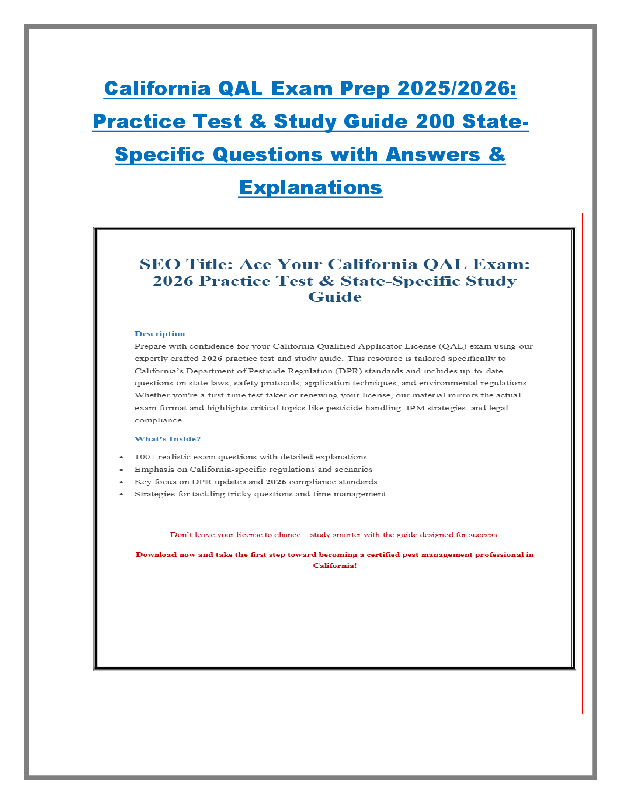 Recommended document preview for California QAL Exam Prep 2025/2026:  Practice Test & Study Guide 200 State Specific Questions with Answers &  Explanations