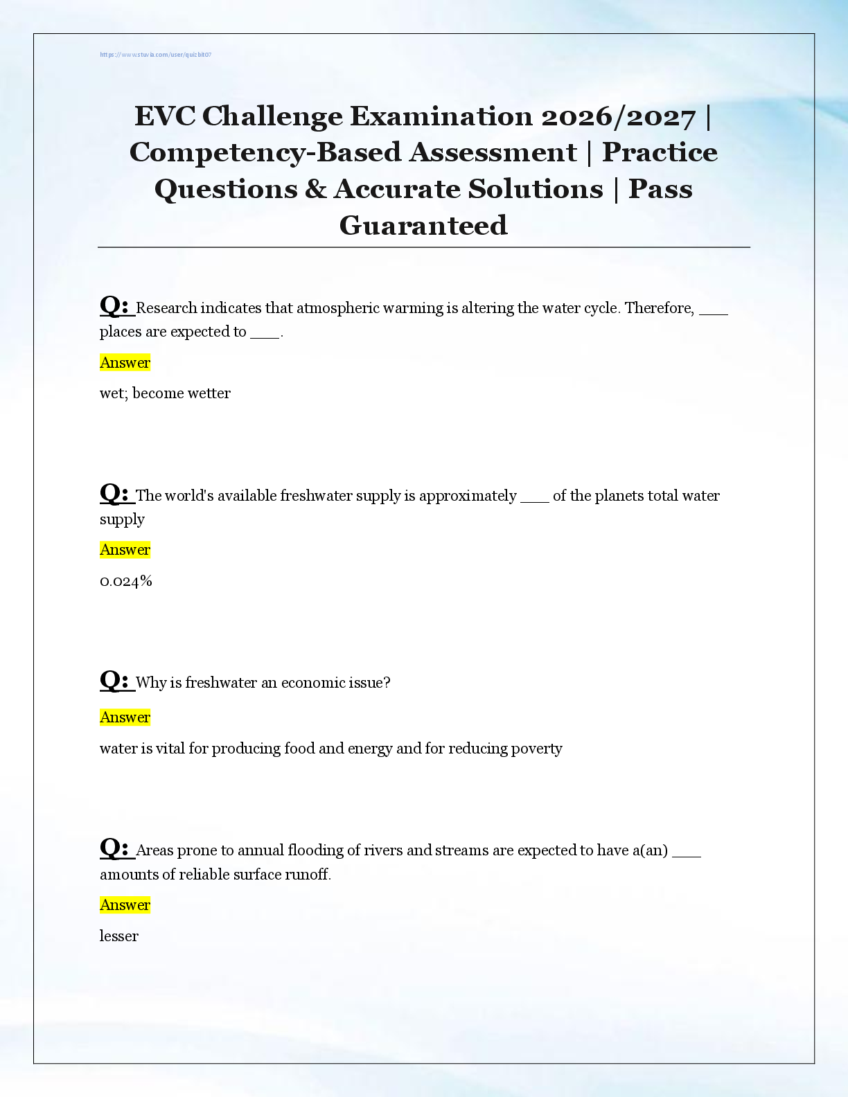 Recommended document preview for EVC Challenge Examination 2026/2027 |  Competency-Based Assessment | Practice  Questions & Accurate Solutions | Pass  Guaranteed