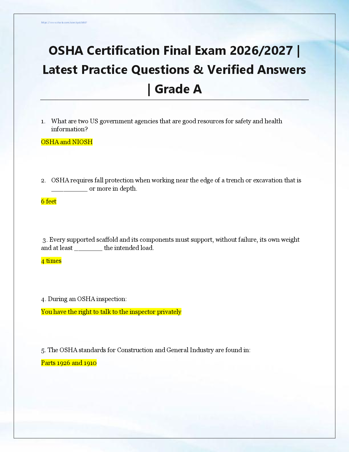 OSHA Certification Final Exam 2026/2027 |  Latest Practice Questions & Verified Answers  | Grade A