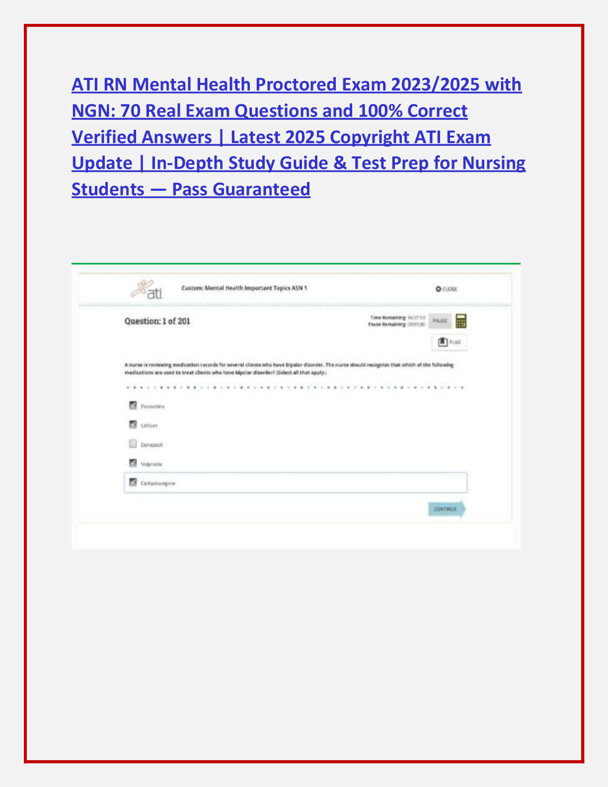 Recommended document preview for ATI RN Mental Health Proctored Exam 2023/2025 with  NGN: 70 Real Exam Questions and 100% Correct  Verified Answers | Latest 2025 Copyright ATI Exam  Update | In-Depth Study Guide & Test Prep for Nursing  Students — Pass Guaranteed