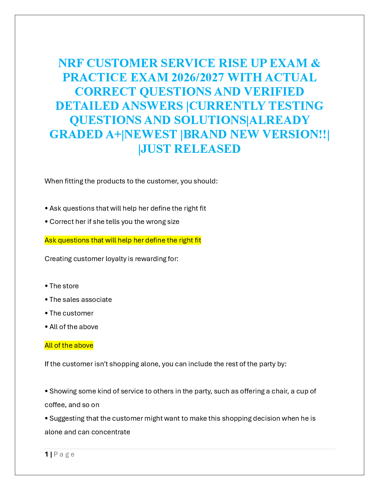 Recommended document preview for NRF CUSTOMER SERVICE RISE UP EXAM &  PRACTICE EXAM 2026/2027