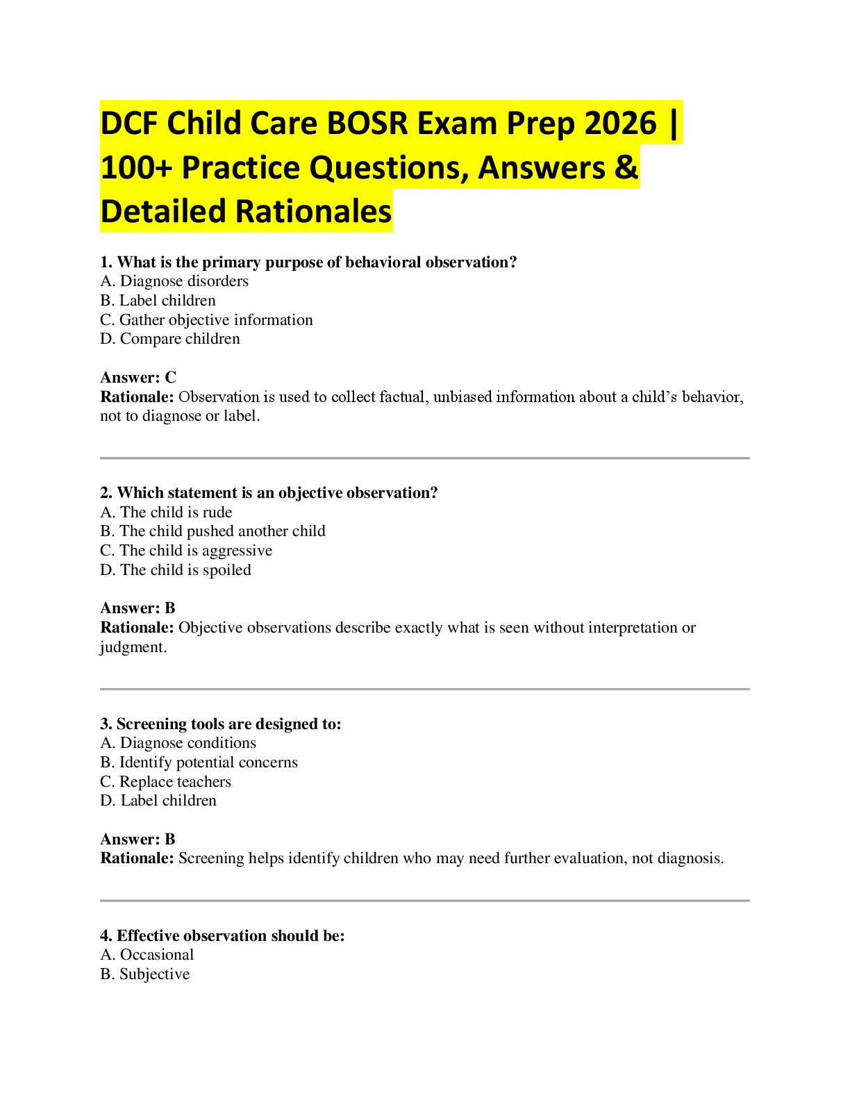 Recommended document preview for DCF Child Care BOSR Exam Prep 2026 |  100+ Practice Questions, Answers &  Detailed Rationales