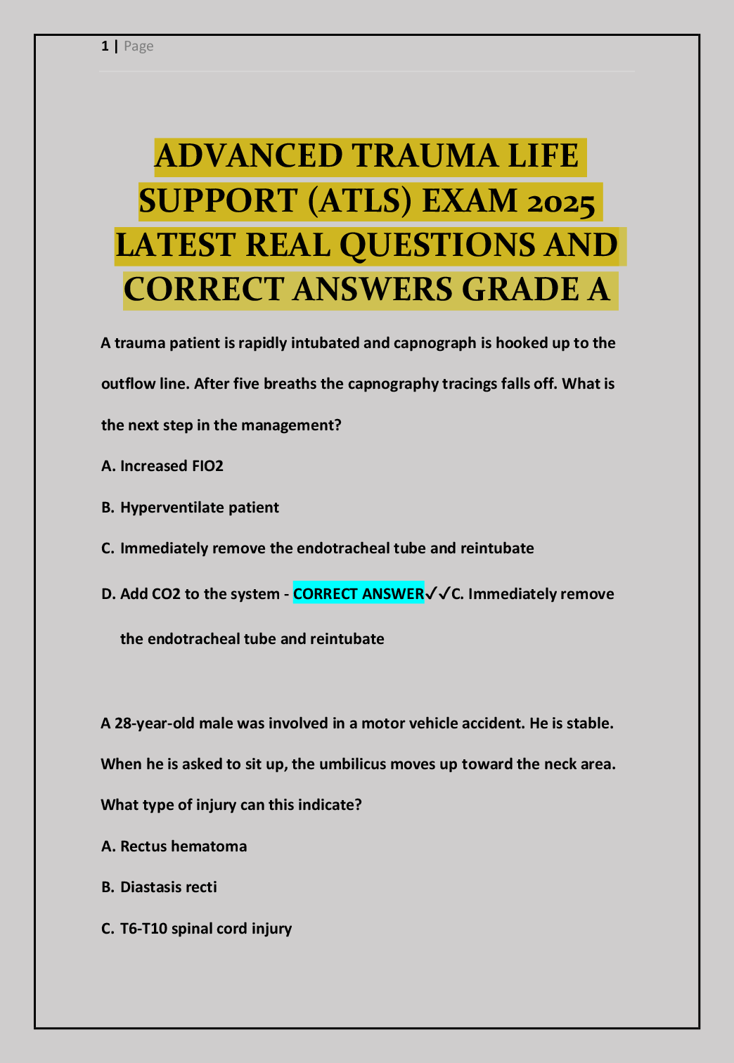Recommended document preview for ADVANCED TRAUMA LIFE  SUPPORT (ATLS) EXAM 2025  LATEST REAL QUESTIONS AND  CORRECT ANSWERS GRADE A