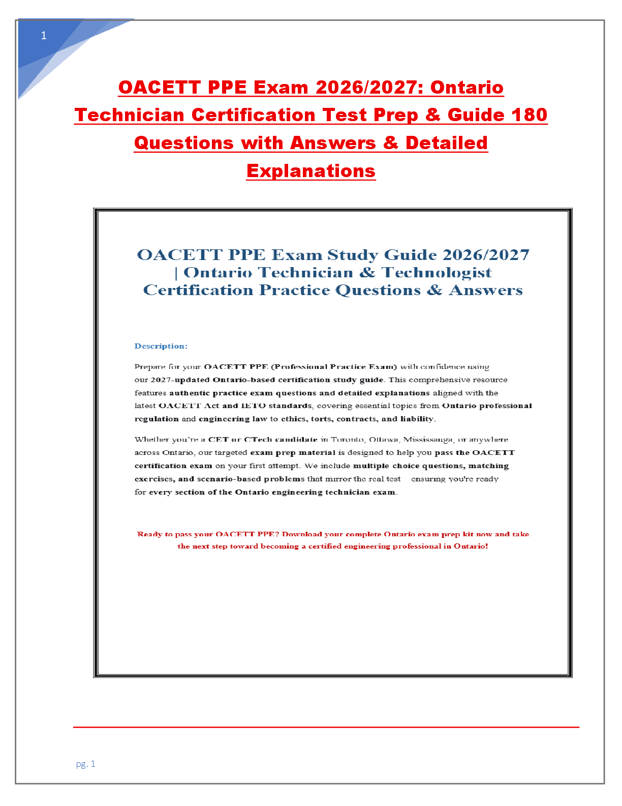 Recommended document preview for OACETT PPE Exam 2026/2027: Ontario  Technician Certification Test Prep & Guide 180  Questions with Answers & Detailed  Explanations