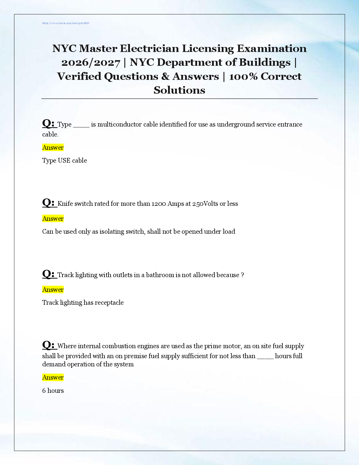 Recommended document preview for NYC Master Electrician Licensing Examination  2026/2027 | NYC Department of Buildings |  Verified Questions & Answers | 100% Correct  Solutions