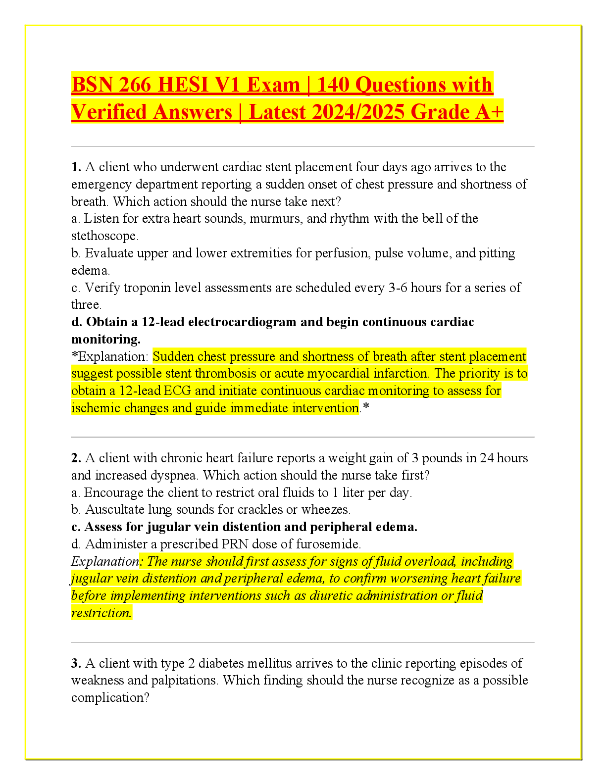Recommended document preview for BSN 266 HESI V1 Exam | 140 Questions with  Verified Answers | Latest 2024/2025 Grade A+