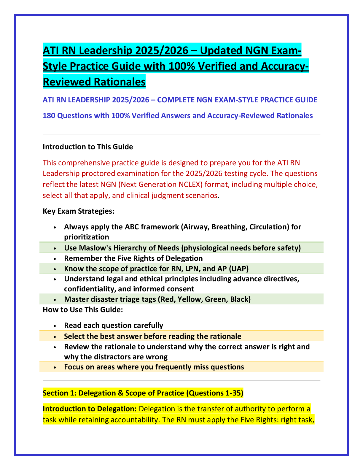 Recommended document preview for ATI RN Leadership 2025/2026 – Updated NGN ExamStyle Practice Guide with 100% Verified and AccuracyReviewed Rationale