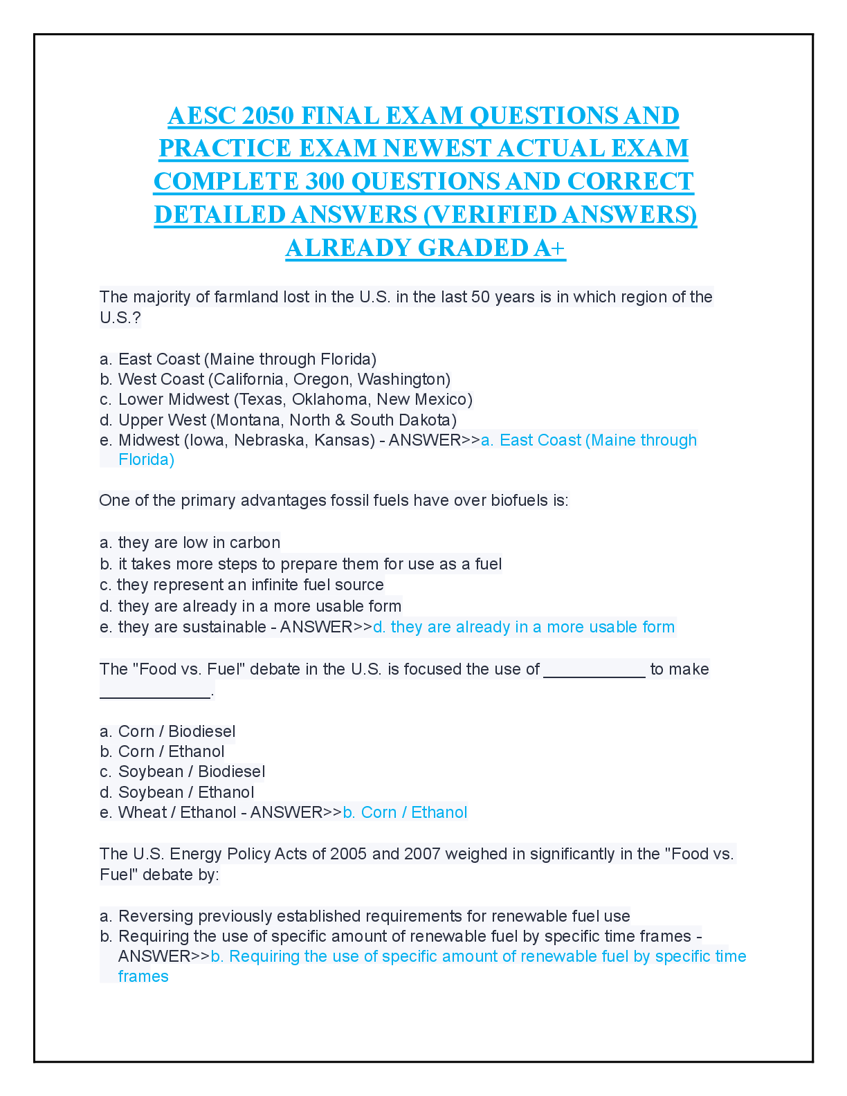 Preview of AESC 2050 FINAL EXAM QUESTIONS AND   PRACTICE EXAM NEWEST ACTUAL EXAM   COMPLETE 300 QUEST