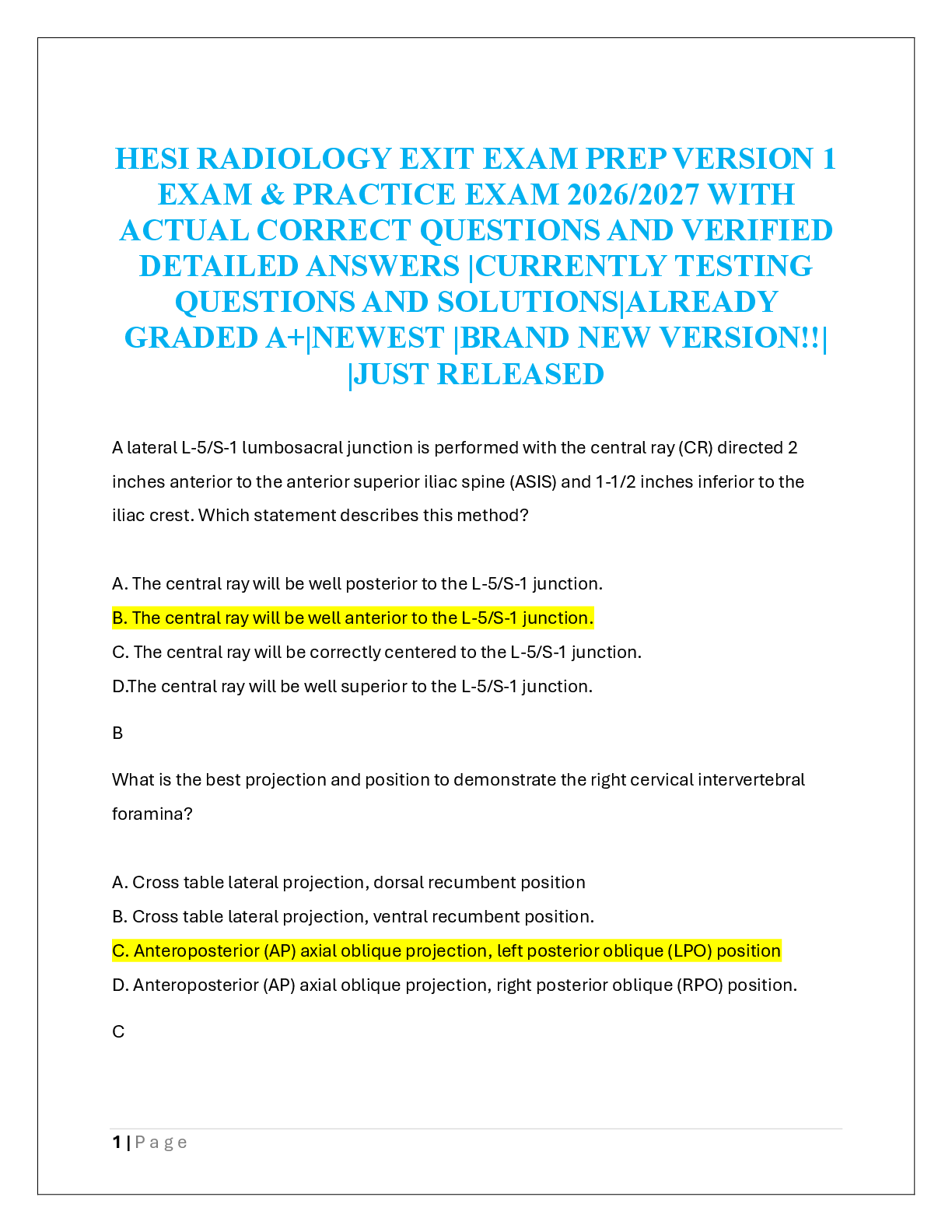 Recommended document preview for HESI RADIOLOGY EXIT EXAM PREP VERSION 1  EXAM & PRACTICE EXAM 2026/2027