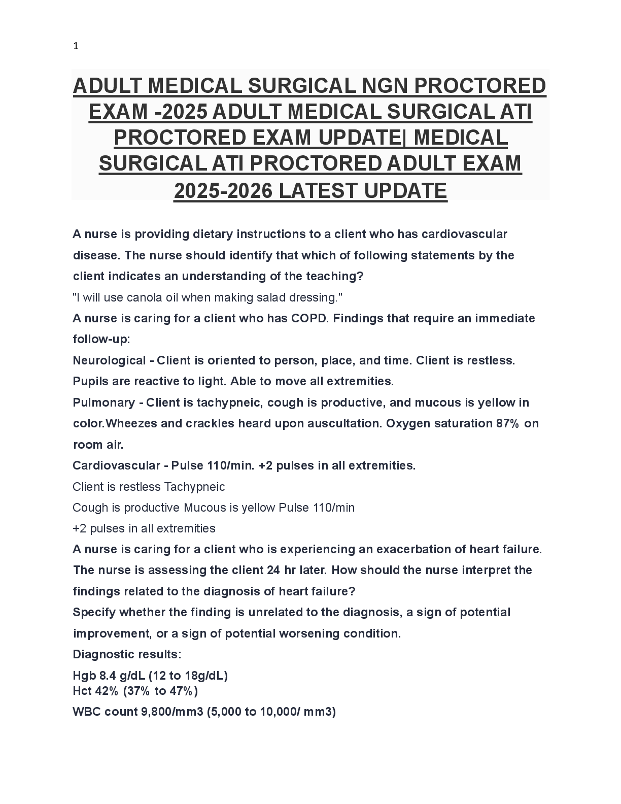 Recommended document preview for ADULT MEDICAL SURGICAL NGN PROCTORED   EXAM -2025 ADULT MEDICAL SURGICAL ATI   PROCTORED EXAM UPDATE| MEDICAL   SURGICAL ATI PROCTORED ADULT EXAM   2025-2026 LATEST UPDATE