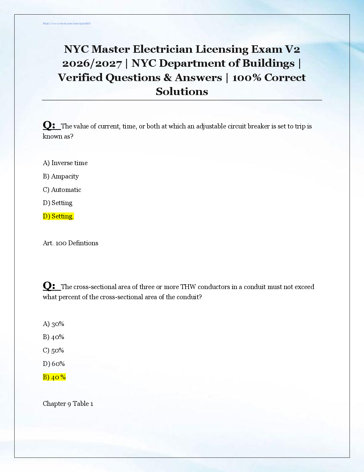 Recommended document preview for NYC Master Electrician Licensing Exam V2  2026/2027 | NYC Department of Buildings |  Verified Questions & Answers | 100% Correct  Solutions