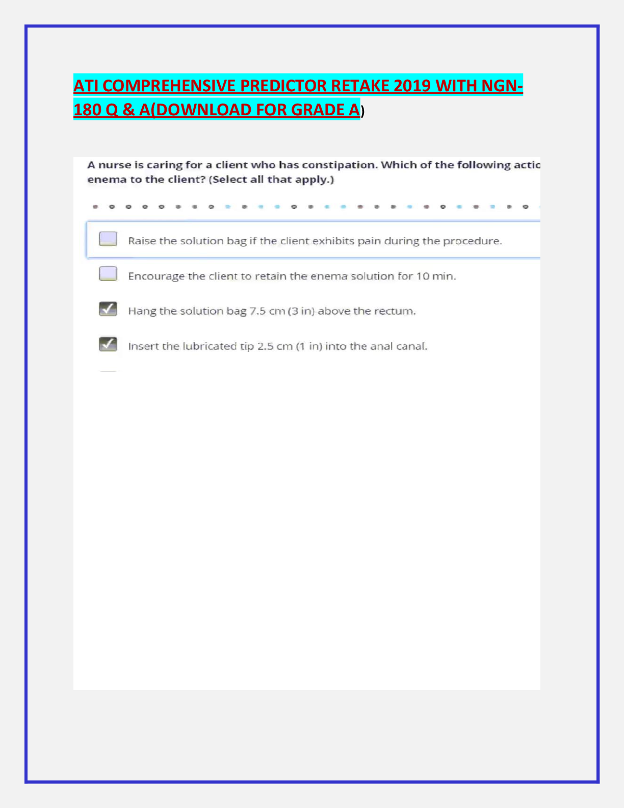 ATI COMPREHENSIVE PREDICTOR RETAKE 2019 WITH NGN180 Q & A(DOWNLOAD FOR GRADE A