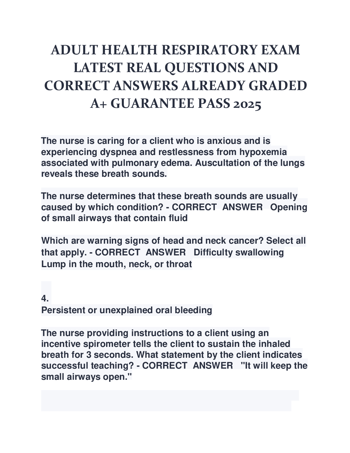 Recommended document preview for ADULT HEALTH RESPIRATORY EXAM  LATEST REAL QUESTIONS AND  CORRECT ANSWERS ALREADY GRADED  A+ GUARANTEE PASS 2025