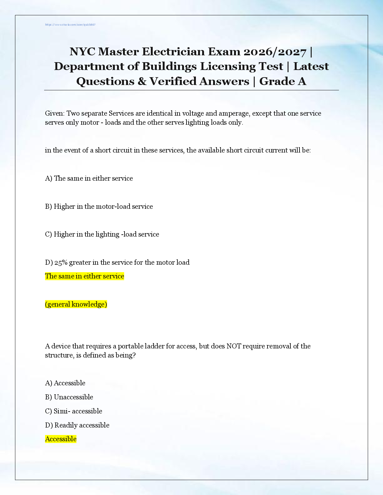 Recommended document preview for NYC Master Electrician Exam 2026/2027 |  Department of Buildings Licensing Test | Latest  Questions & Verified Answers | Grade A