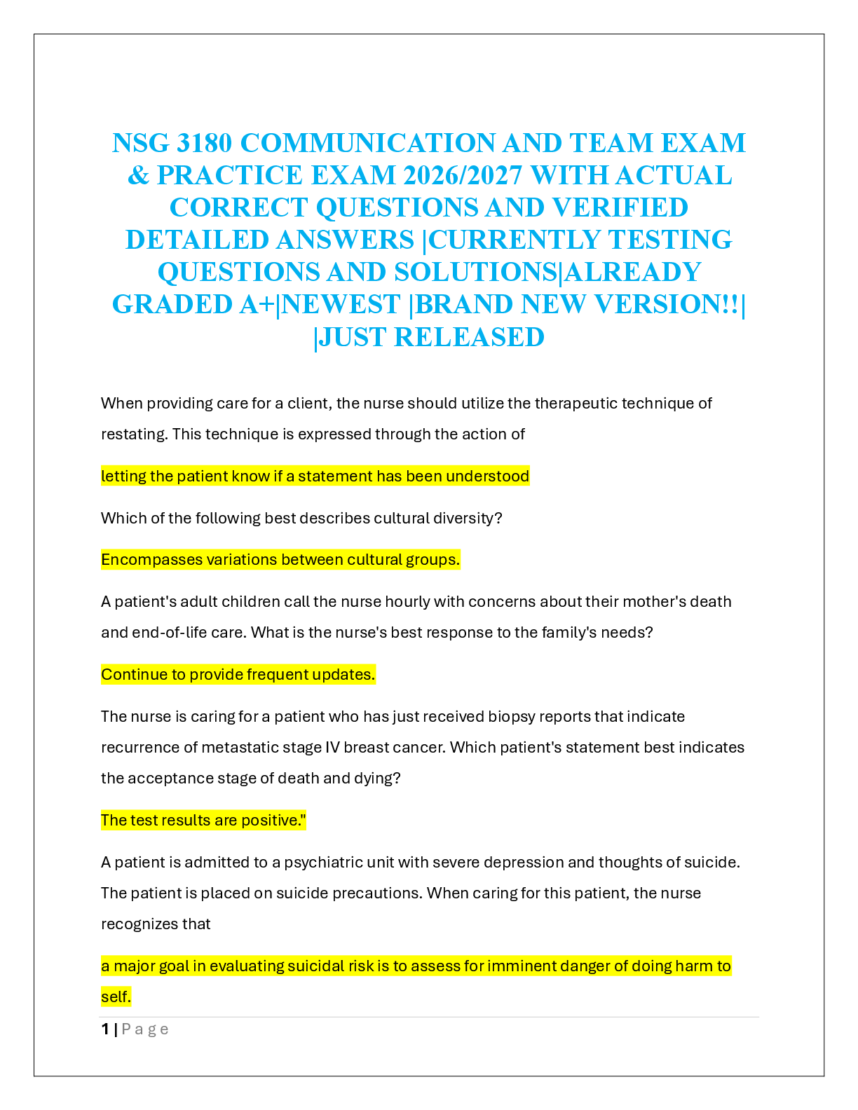 Recommended document preview for NSG 3180 COMMUNICATION AND TEAM EXAM  & PRACTICE EXAM 2026/2027